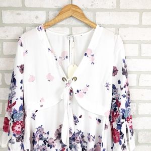 Jodifl Tunic Top White Floral Print Tie Neck SZ M